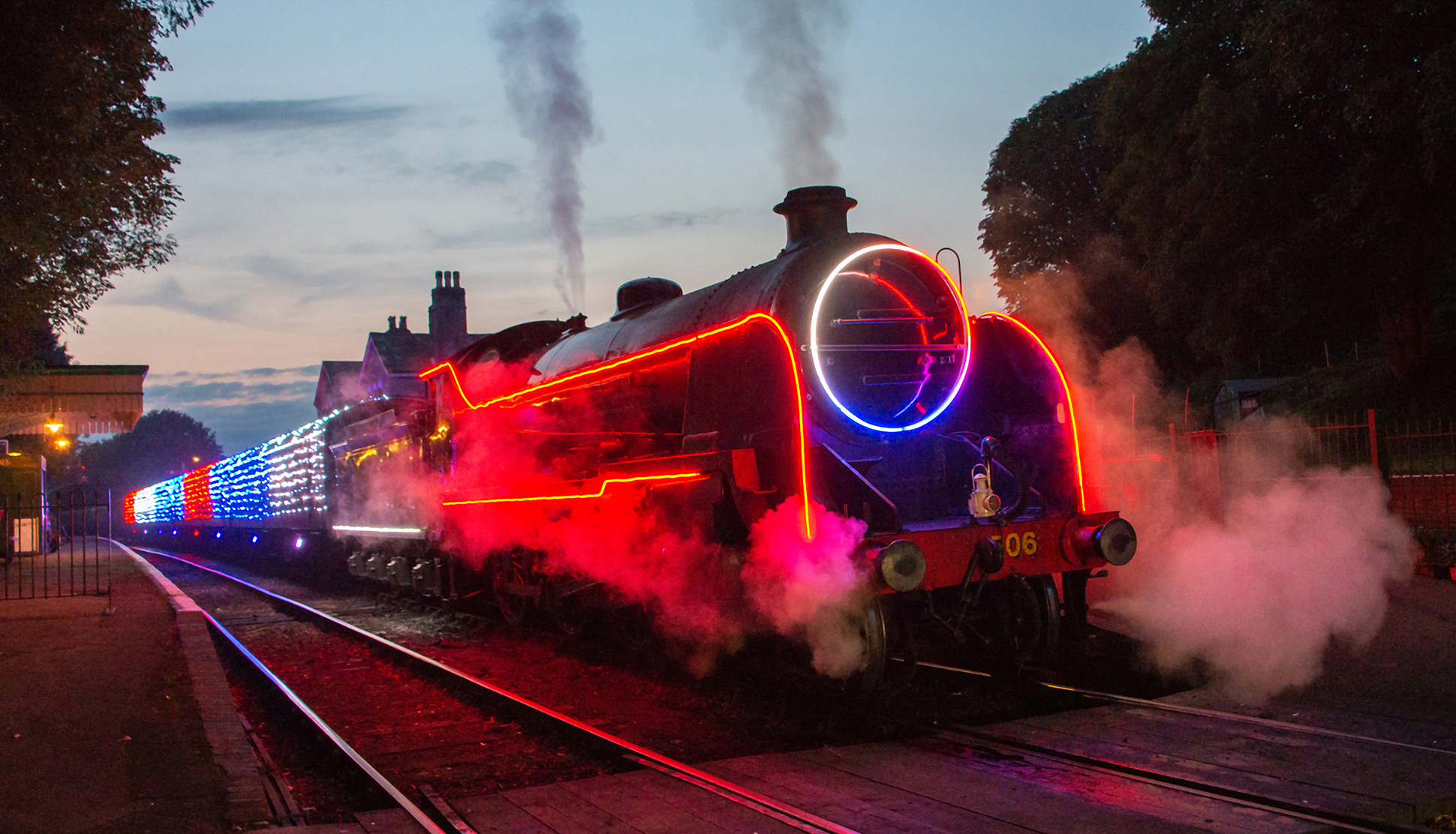 Steam train illuminated